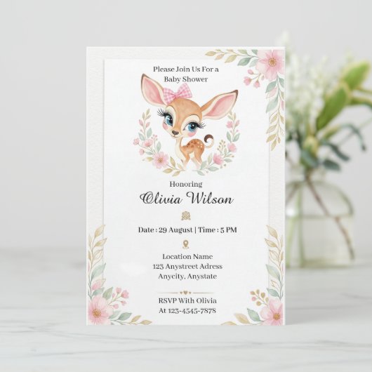 Invitation Doux Petit Faon avec un Nœud Rose (Debout devant)
