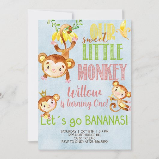 Invitation Doux petit singe n'importe quel âge fille invitati (Devant)