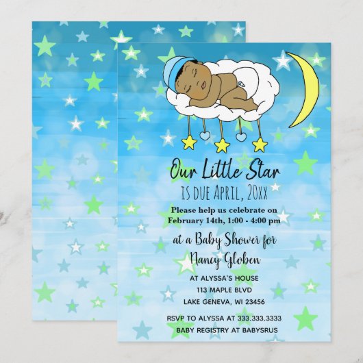 Invitation Doux petits garçons étoiles et lunes Baby Blue eth (Devant / Derrière)