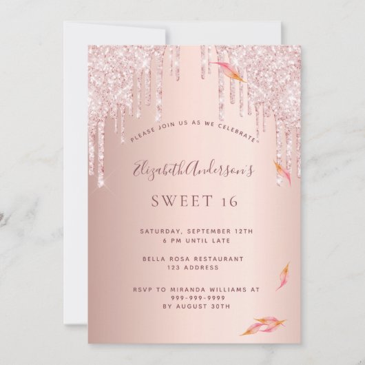 Invitation Doux rose 16 parties gouttes dorées rose (Devant)