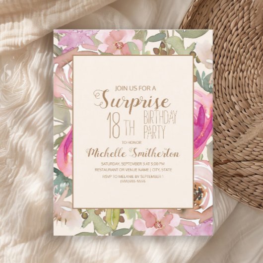 Invitation Doux rose violet Floral Surprise 18e anniversaire