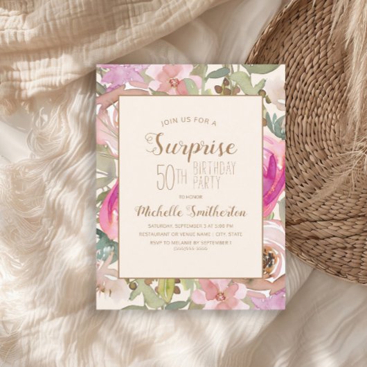 Invitation Doux rose violet Floral Surprise 50e anniversaire