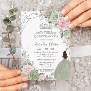 Invitation Doux Sage Vert rose Floral Argent Quinceañera