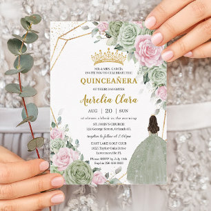 Invitation Doux Sage Vert rose Floral Or Quinceañera