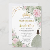 Invitation Doux Sage Vert rose Floral Or Quinceañera (Devant)