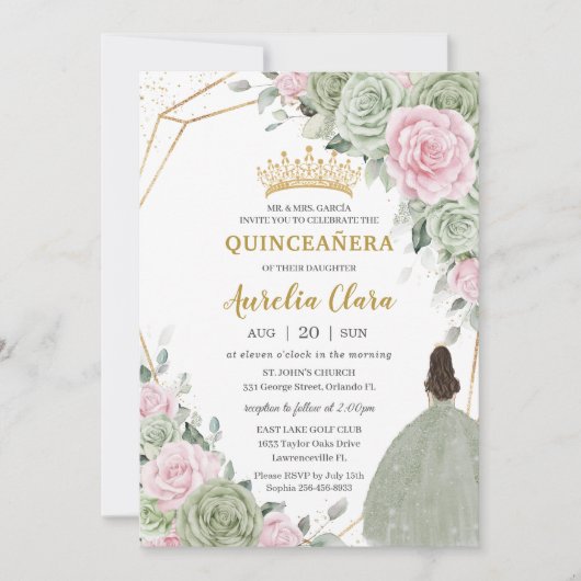 Invitation Doux Sage Vert rose Floral Or Quinceañera (Devant)