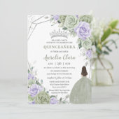 Invitation Doux Sage Vert Violet Floral Argent Quinceañera (Debout devant)