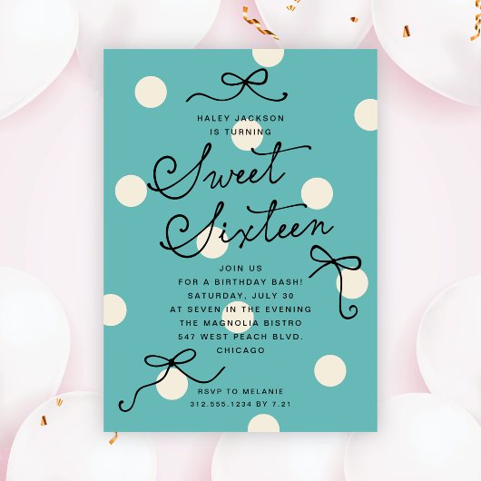 Invitation Doux Seize Bleu Turquoise Moderne Rubans Élégants