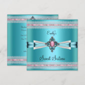 Invitation Douze Ans 16 Blanc Bleu Cyan Rose (Devant / Derrière)