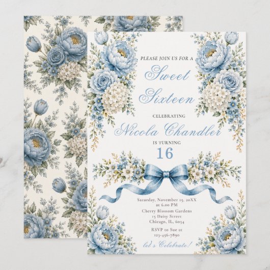 Invitation Douze ans de douceur bleu poussiéreux (Devant / Derrière)
