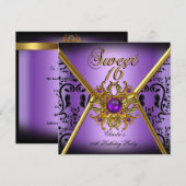 Invitation Douze ans douce Damask Violet Or Noir (Devant / Derrière)