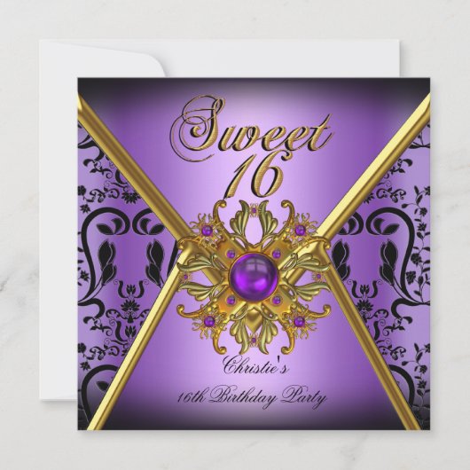 Invitation Douze ans douce Damask Violet Or Noir (Devant)