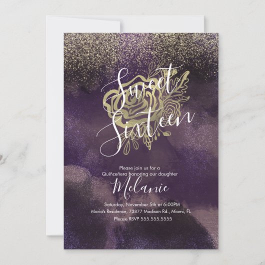 Invitation Douze Ans Faux Paillettes Rose Violet Or (Devant)