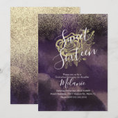 Invitation Douze Ans Faux Paillettes Rose Violet Or (Devant / Derrière)