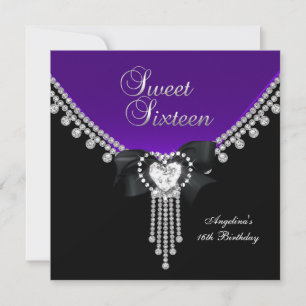 Invitation Douze ans fêtés 16 Party Noir Violet Diamant
