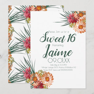 Invitation Douze Ans Fleur Aquarelle Pêche Vert