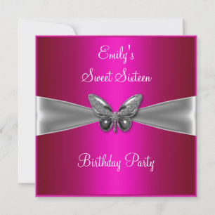 Invitation Douze ans fuschia papillon argenté Jewel