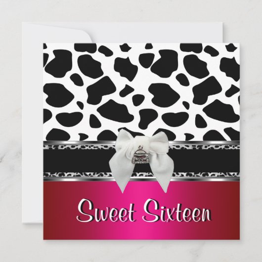 Invitation Douze Ans Rose Argent Noir Blanc Vache Léopard 2 (Devant)