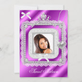 Invitation Douze ans, seize ans Rose Violet Dentelle Perle Ph (Devant)