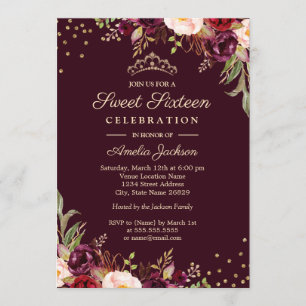 Invitation Douze ans sucrés Or Bourgogne floral Étincelle
