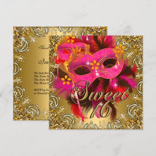 Invitation Douze ans très chic Masquerade Corail Rose Or (Devant / Derrière)