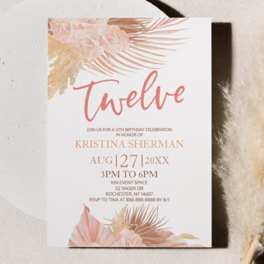 Invitation Douze Boho rose Floral 12e fête d'anniversaire