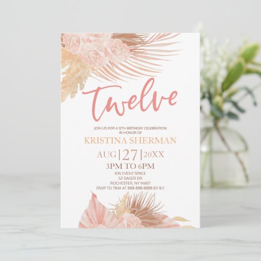 Invitation Douze Boho rose Floral 12e fête d'anniversaire (Debout devant)
