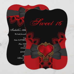 Invitation Douze Filles à Caractère 16 Rouge Noir Dentelle Cœ