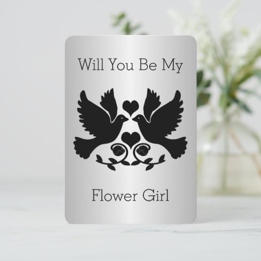 Invitation Dove Black et Fleur Argentée Demande de Demoiselle (Debout devant)