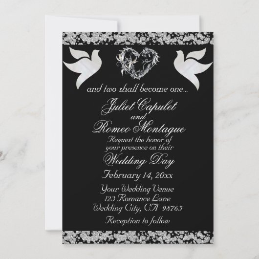 Invitation Dove, Coeur et Parties scintillant argenté, Code Q (Devant)