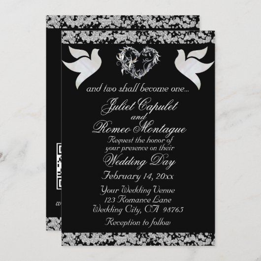 Invitation Dove, Coeur et Parties scintillant argenté, Code Q (Devant / Derrière)