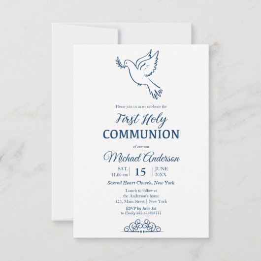 Invitation Dove First Communion Blu Elegant (Devant)