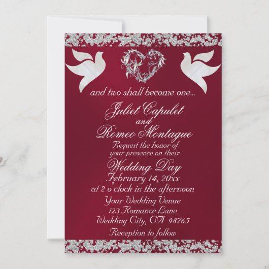 Invitation Dove, Silver Heart & Glitter, QR Code - Burgudy (Devant)