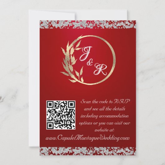 Invitation Dove, Silver Heart & Glitter, QR Code - Crimson (Dos)