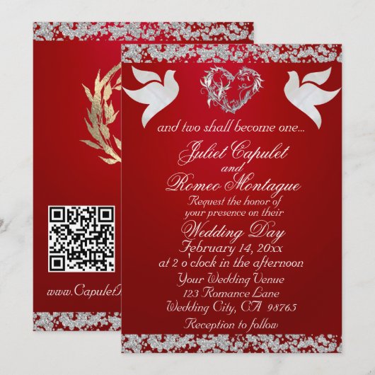 Invitation Dove, Silver Heart & Glitter, QR Code - Crimson (Devant / Derrière)