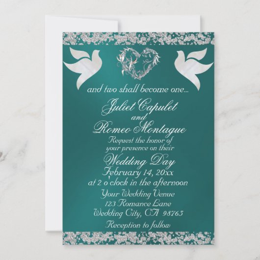 Invitation Dove, Silver Heart & Glitter, QR Code - Teal (Devant)