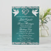 Invitation Dove, Silver Heart & Glitter, QR Code - Teal (Debout devant)
