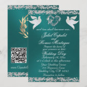 Invitation Dove, Silver Heart & Glitter, QR Code - Teal (Devant / Derrière)