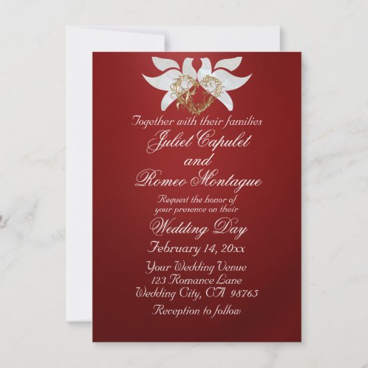 Invitation Doves, Coeur & Feuilles d'or sur Ruby Red (Dos)