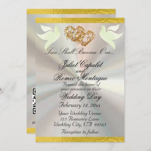Invitation Doves, Coeurs et Ruban, Code QR - Blanc/Or (Devant / Derrière)