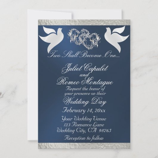 Invitation Doves, Coeurs et Ruban, Code QR - Bleu/Argent (Devant)