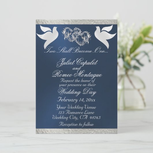 Invitation Doves, Coeurs et Ruban, Code QR - Bleu/Argent (Debout devant)