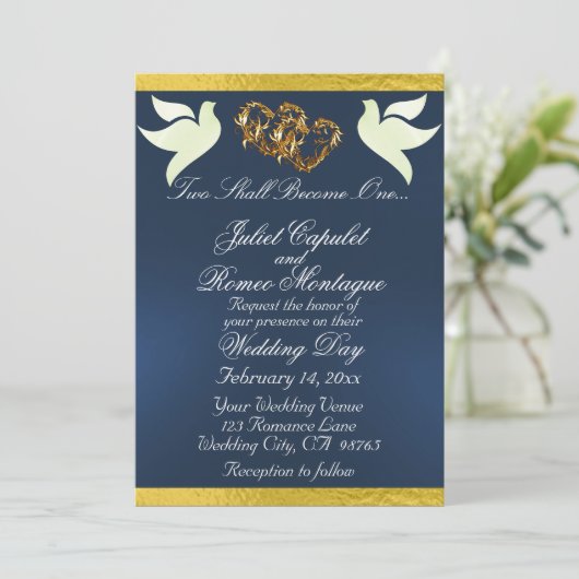 Invitation Doves, Coeurs et Ruban, Code QR - Bleu/Or (Debout devant)