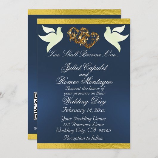 Invitation Doves, Coeurs et Ruban, Code QR - Bleu/Or (Devant / Derrière)