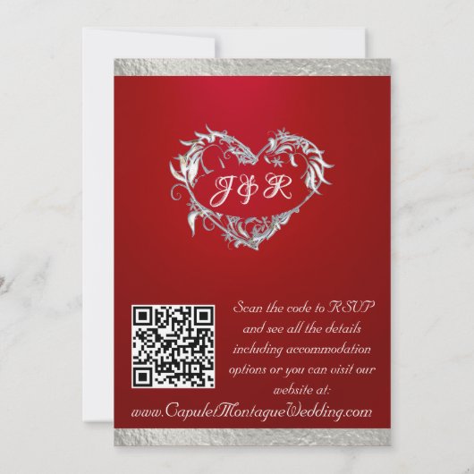 Invitation Doves, Coeurs et Ruban, Code QR - Crimson/Argent (Dos)