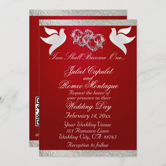 Invitation Doves, Coeurs et Ruban, Code QR - Crimson/Argent (Devant / Derrière)
