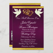 Invitation Doves, Coeurs et Ruban, Code QR - Purple/Or (Devant / Derrière)