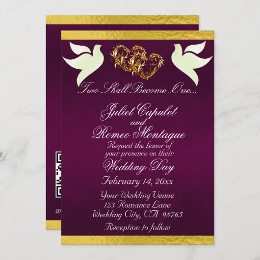 Invitation Doves, Coeurs et Ruban, Code QR - Purple/Or (Devant / Derrière)