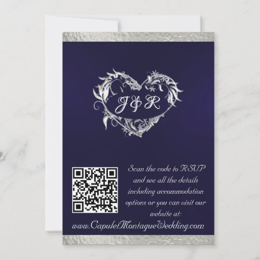 Invitation Doves, Coeurs et Ruban, QR Code - Marine Blue/Silv (Dos)