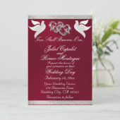 Invitation Doves, Coeurs & Ruban, Code QR - Bourgogne/Argent (Debout devant)